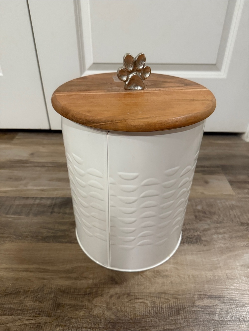 White Ceramic Canister with Wood Lid and Paw Accent- used and a bit larger
